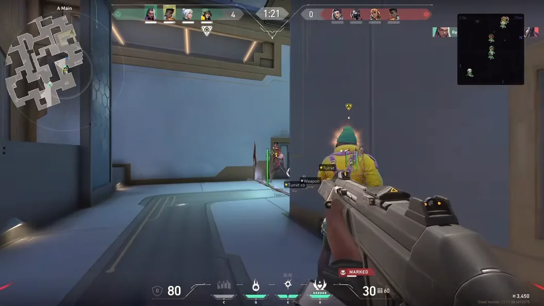 Valorant glow wallhack and skeleton ESP with turret markers on Ascent